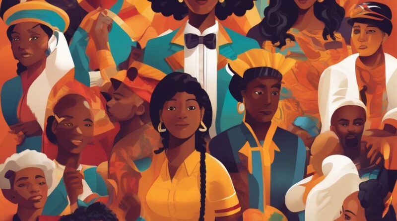 A vibrant illustration reflecting the themes of Black History Month, showcasing diverse individuals sharing stories, with elements of unity and cultural heritage presented through colorful art.